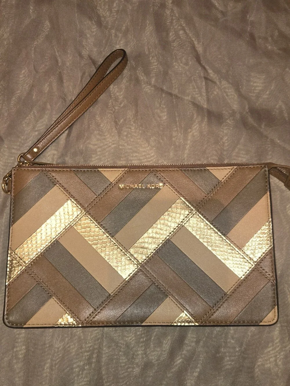 Michael Kors Brown & Gold Patchwork Wristlet Clutch